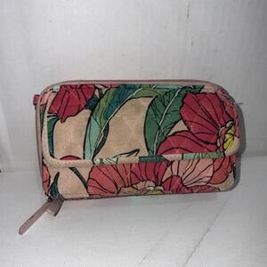 Vera Bradley vintage floral cotton wristlet wallet zip pink green purse bag